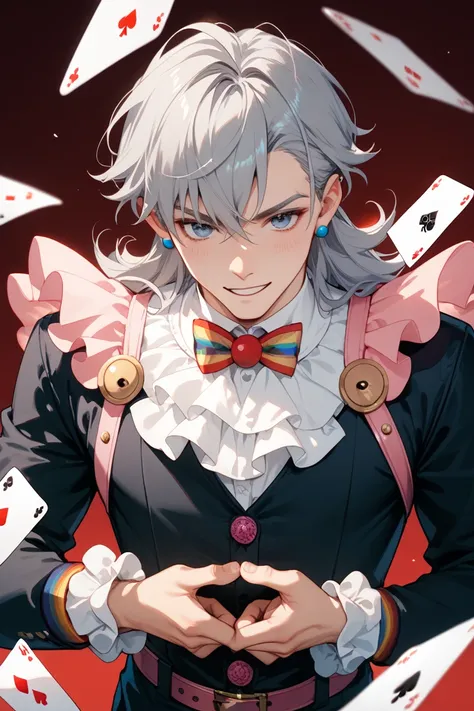 clown suit mask showtime Magic Trick boy Gray Hair playing cards
