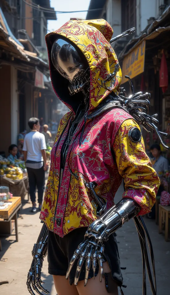 A vibrant and intriguing cyborg girl with a harmonious blend of organic and mechanical features, wearing a modern batik print ho...