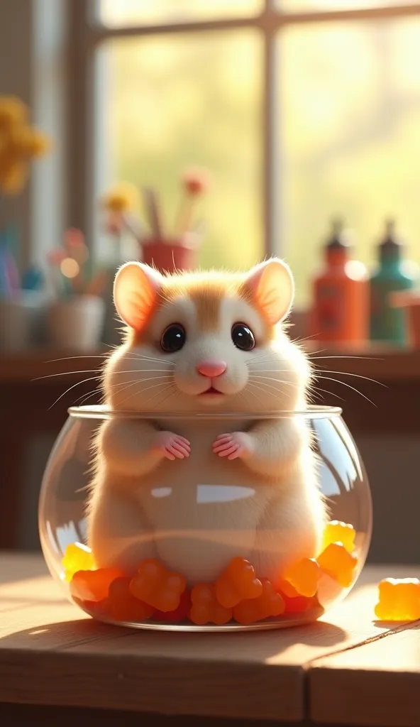 A hyper-realistic digital rendering of a chubby, adorable hamster sitting inside a round, transparent glass bowl. The hamster's ...