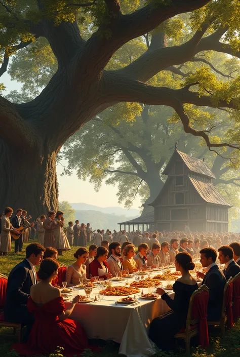 Crée moi une image d’un banquet avec 60 personnes qui mange sous un grand chêne à gauche de la table et du chêne il y a une gran...