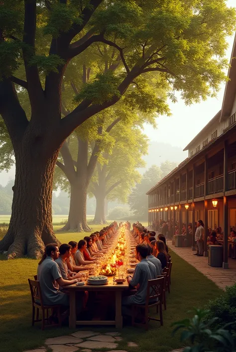 “A large rustic banquet gathering 30 people seated under a majestic oak tree on the left. The long wooden table is set with a fe...