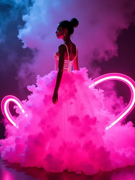 Neon fuchsia neon electricity dress for a pretty silhouette face with a long neon train, swirls neon smoke, giant wide swirl dre...