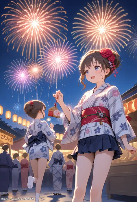    young ,yukata, socks,fair,Holding,   Fireworks ,date,Ladylike,miniskirt