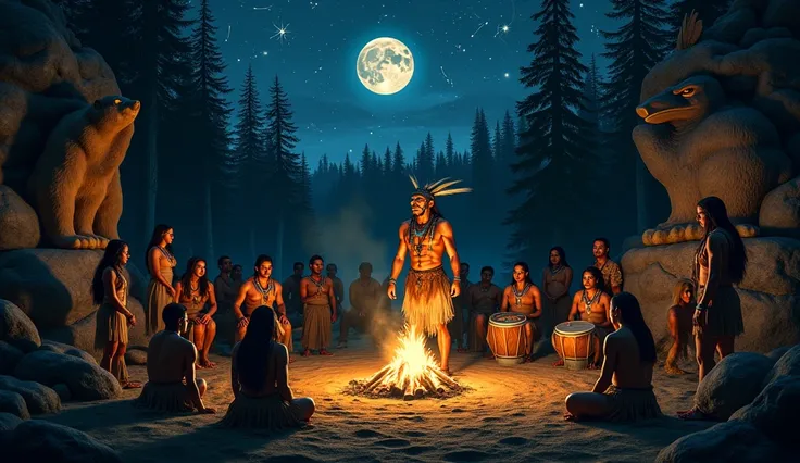 The image depicts a nighttime scene rich in symbolism from Native American legends about human-animal transformation. The settin...