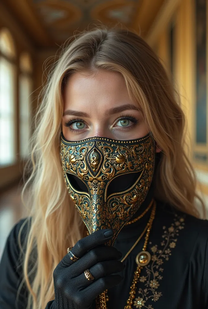 close up portrait, Beautiful gothic blonde girl with long hair and striking green eyes with a big Dubai mask and a view, holding...