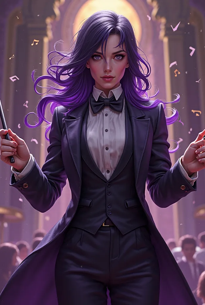 Maestro female conductor, with a baton, suit with tails and bow tie, black and purple hair, purples, tuxedo, musical notes, D&D,...