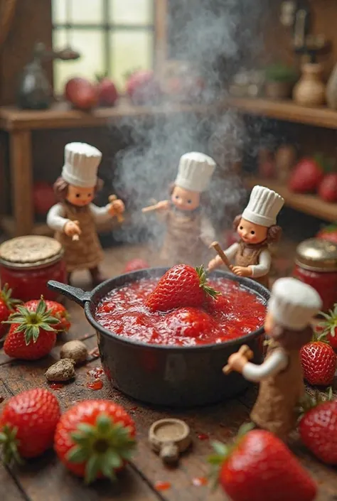 A fantasy miniature jam-making factory where tiny figures in chef hats are cooking giant strawberries in a bubbling pot. Some ar...