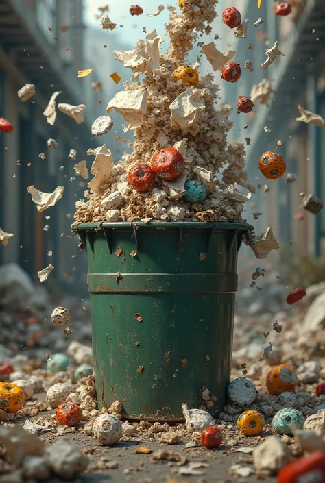 Garbage falling into a container
