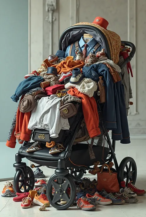 Create an image of a stroller filled with men's clothing and sneakers from Nike and accessories from Gucci