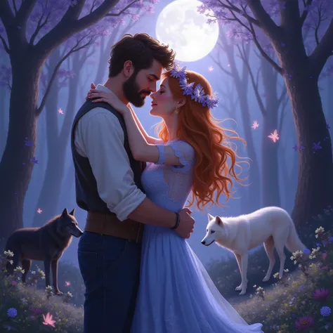 Homme cheveux court châtain avec barbe enlaçant sa femme elle a une couronne de papillon dans ses cheveux roux robe dentelle ble...