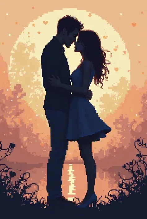 Make an image of a couple's silhouette in a pixel art style