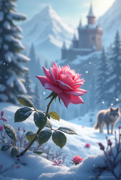 I will create an image of a rose blooming in a snowy landscape, with a wolf in the distance and a castle in the background. I wi...