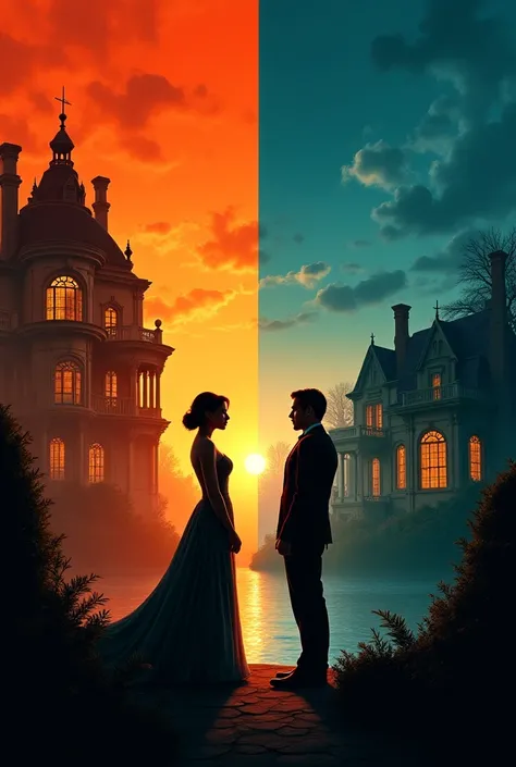 The image divided in half , one side a mansion in the background and luxurious items with the silhouette of a woman wearing an e...