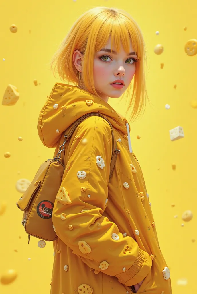 women matured, 5 feet, 20 years old, yellow theme clothing, yellow hair, yellow eyes, have some cheese decoration on her clothin...