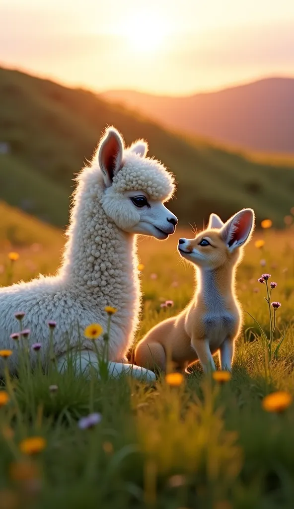 In a peaceful meadow during sunset, a fluffy white alpaca and a small fennec fox sit together on the soft grass. The alpaca has ...