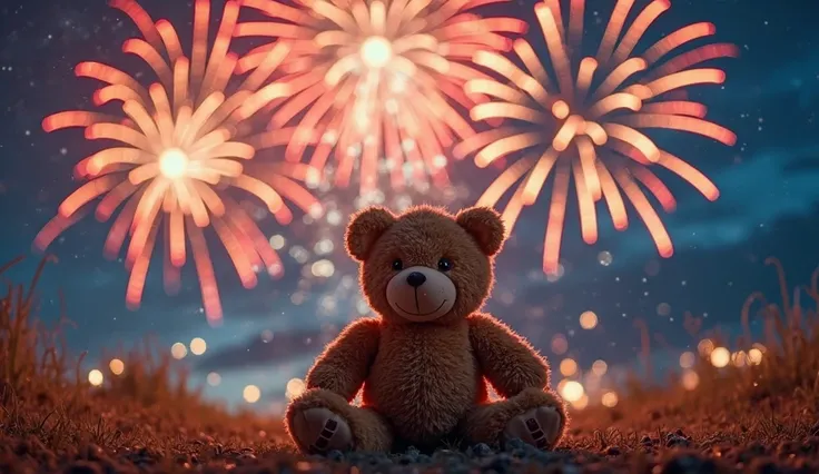 A teddy bear sitting beneath a brilliant display of fireworks, celebrating the excitement and joy of New Year’s Eve. The vibrant...