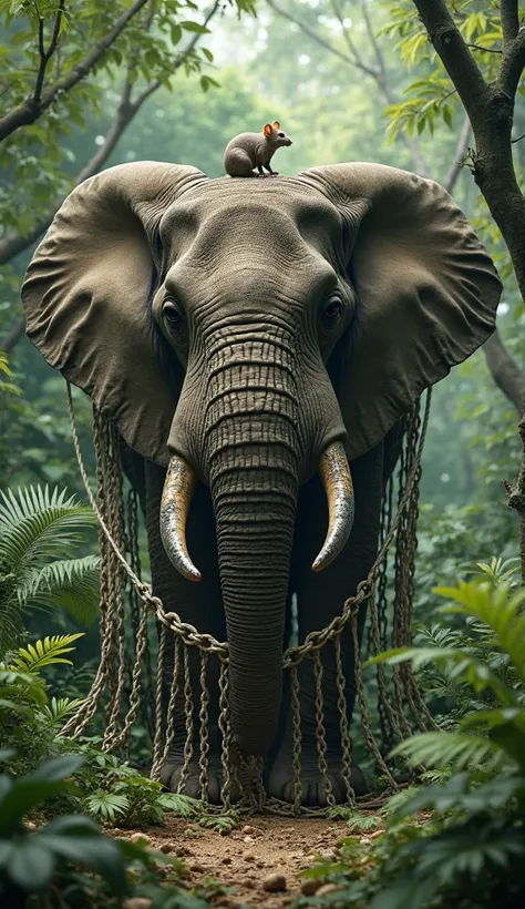 A big elephant is trapped under a net in the jungle, and the net is lying on top of the elephant. A mouse is sitting on top of t...