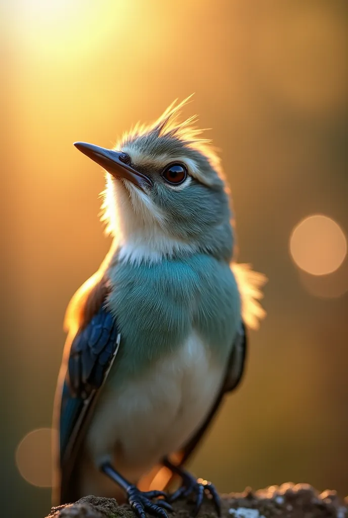 A mesmerizing close-up portrait of a gorgeous little bird illuminated by the soft, golden light of a tranquil morning, with vibr...