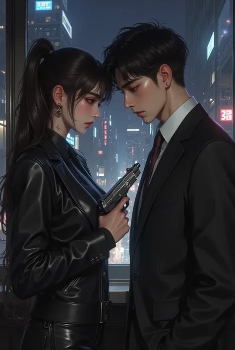 "A dramatic, semi-realistic manhwa-style illustration of a high-stakes confrontation between a man and a woman. The woman, an e...