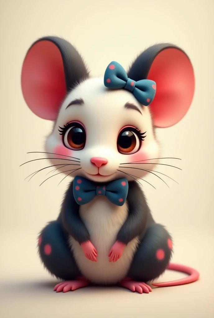 I want you to make a mouse with black hair and red highlights, shy, fofo, with brown eyes, with bow tie. In the same style as t...