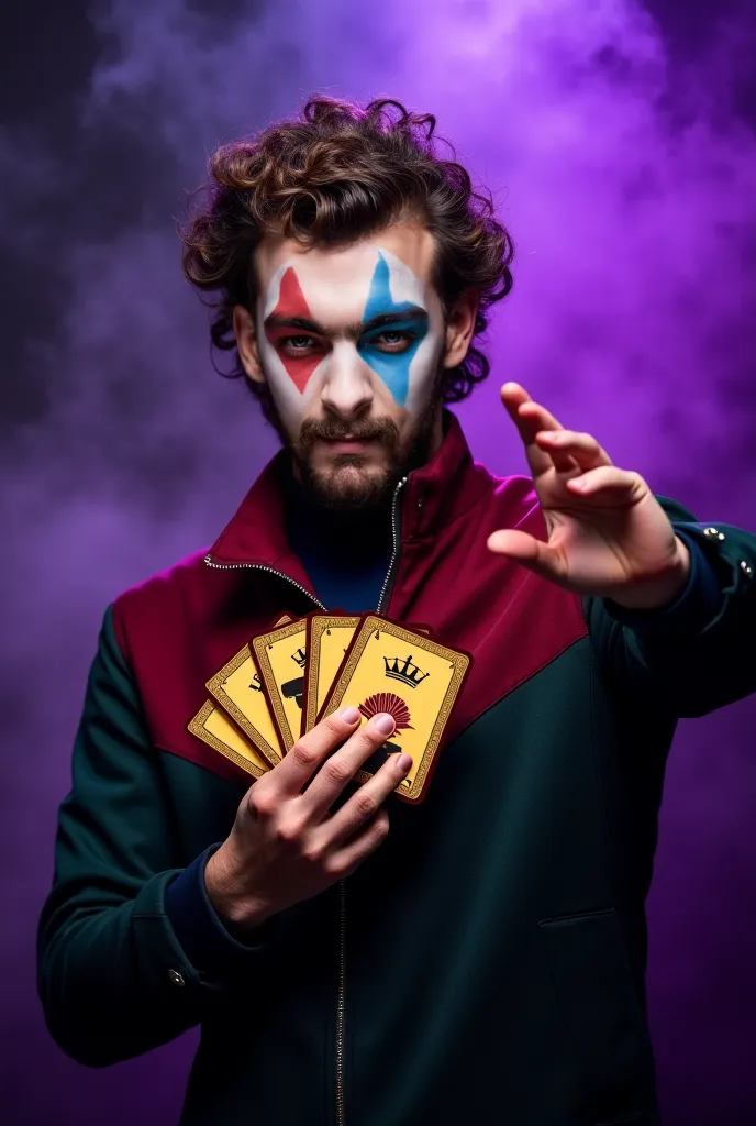 A mysterious man with a curly wavy hairstyle and a well-groomed beard, wearing a stylish two-tone zip-up jacket in maroon and da...