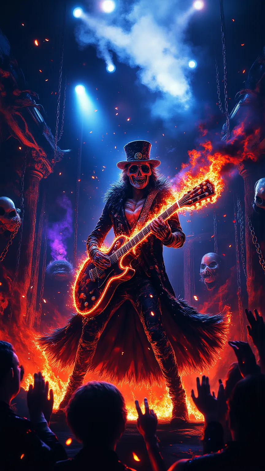 Brook from Onepiece, realistic, not anime, A skeletal rock musician performing a fiery concert in the underworld. Dressed in an ...