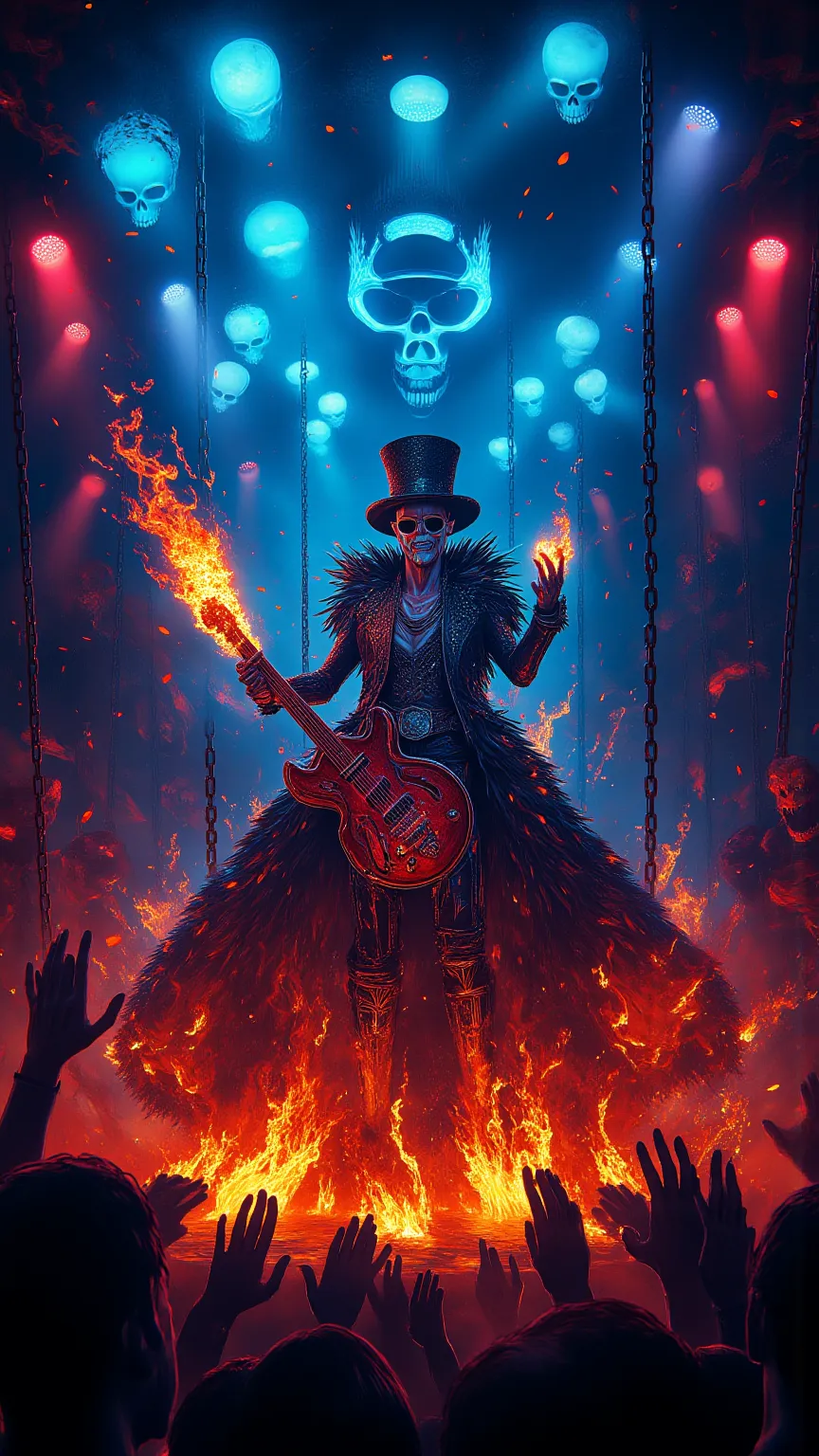 Brook from Onepiece, realistic, not anime, A skeletal rock musician performing a fiery concert in the underworld. Dressed in an ...