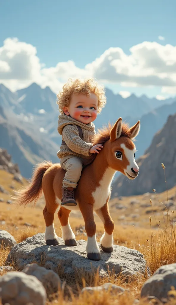 A hyper-realistic image of a baby boy riding a baby mountain kiang in a high-altitude plateau with rolling hills and rocky terra...