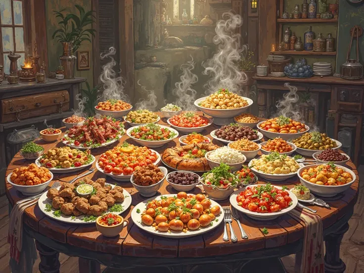 Illustration of the table full of food