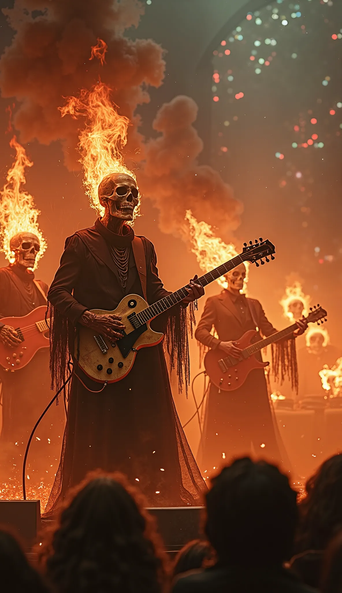 AN AUDIENCE OF GOTHIC AND BURNING SKULLS PLAYING, Guitar, bass, DRUM AND VOCAL, HEAD FLAME, EXOTIC LIGHTING, FIRE OF VARIOUS COL...