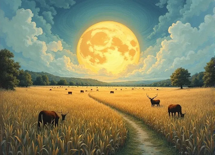 A peaceful countryside scene where the sun flickers between day and night, the sky constantly shifting in a cycle of only a few ...