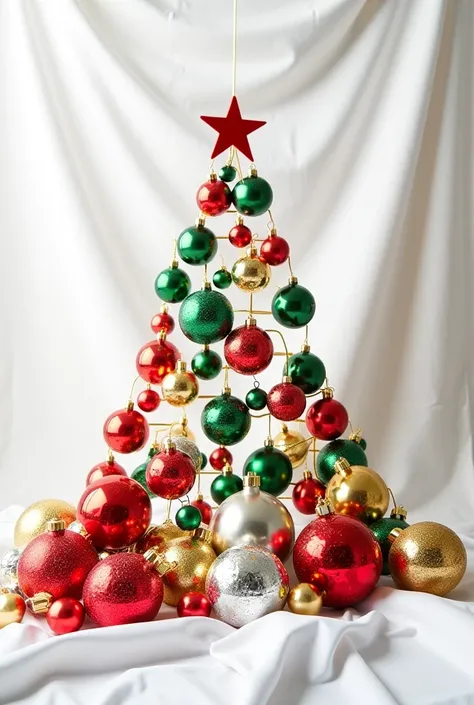 Multicolored metal Christmas tree decorations on white cloth