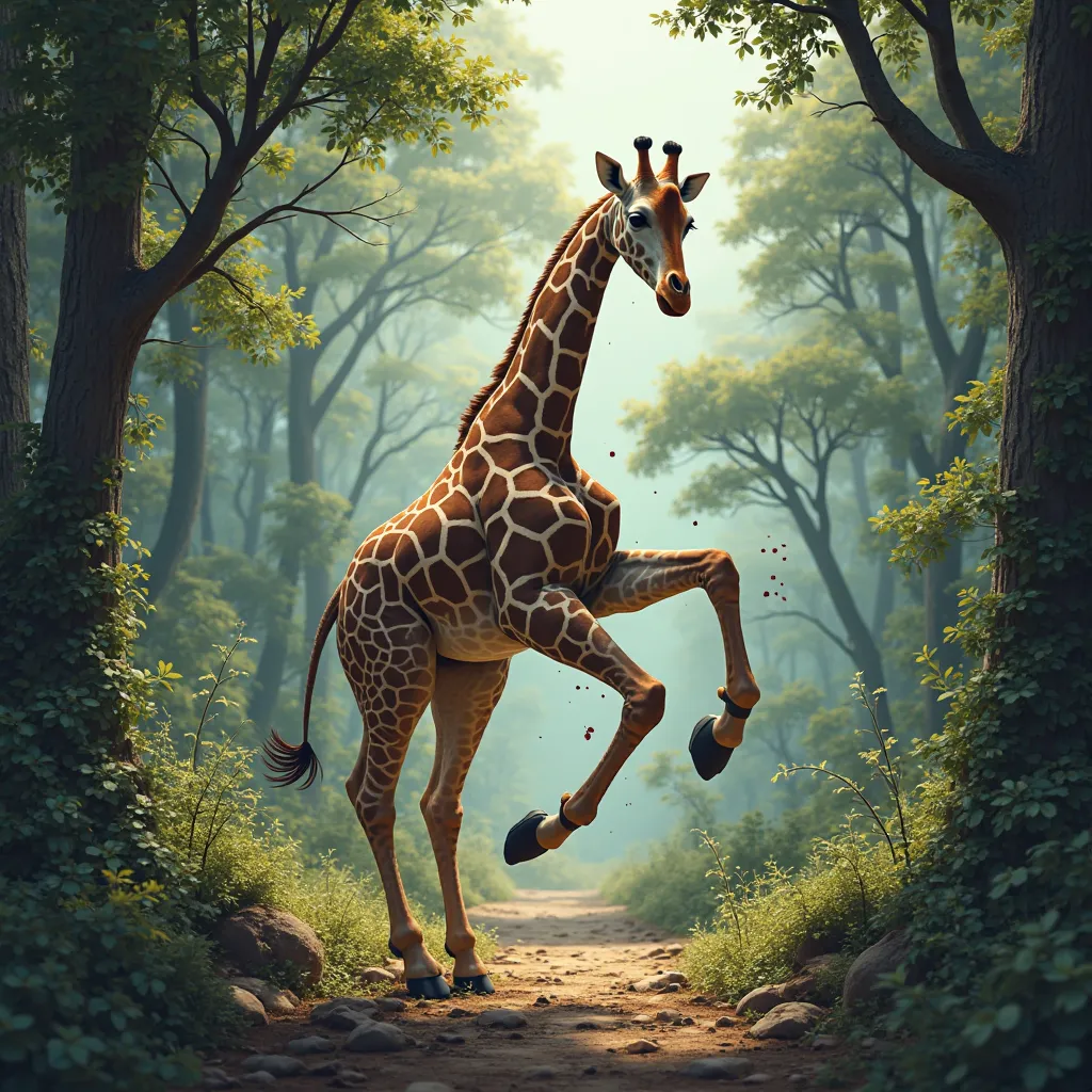 Suddenly, one of the giraffe  lost its footing, slipped, and fell from the trees to the ground, getting injured with bleedig