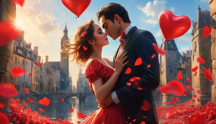 The image captures an enchanting moment between a loving couple striking a romantic pose sharing a deep and tender kiss in front...