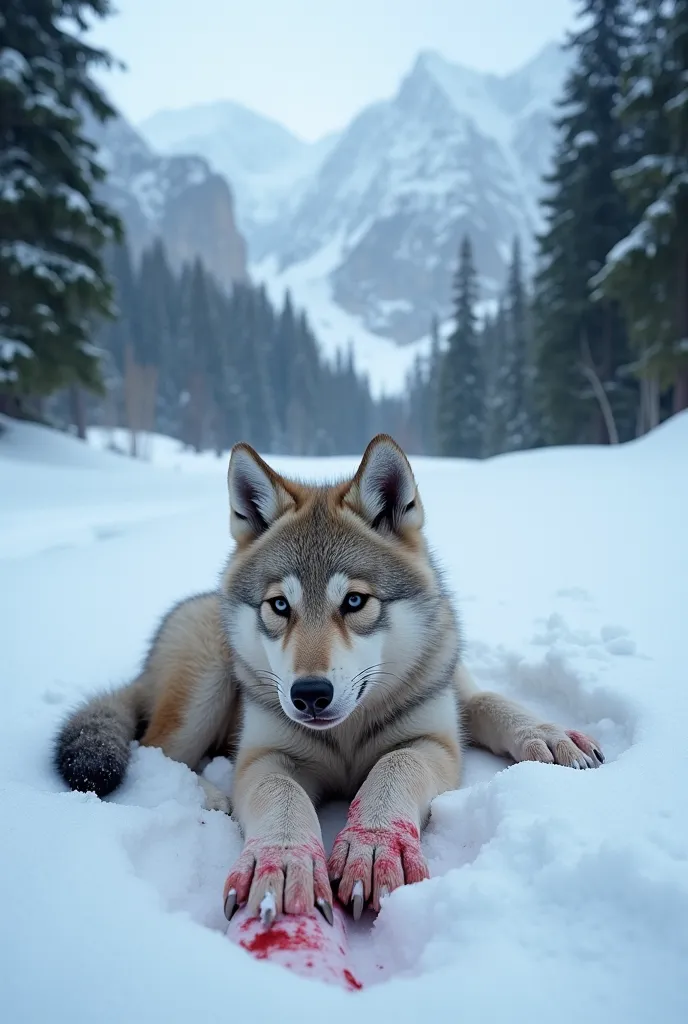 A young wolf pup lies in the snow, weak and visibly injured, with a deep gash on its leg, partially frozen fur, and exhaustion i...