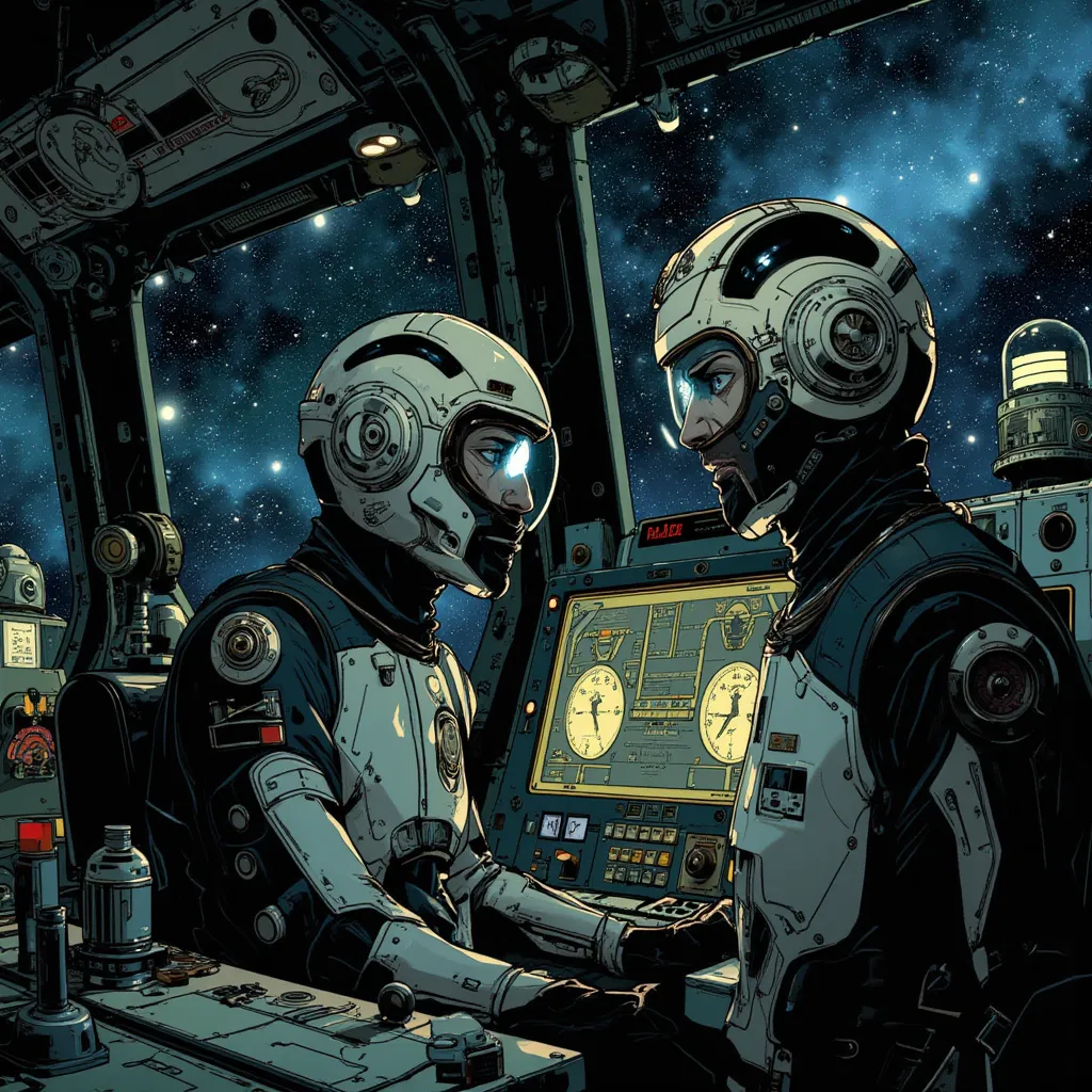 two men, with advanced technology suits, using technological helmets, sitting next to the ship's panels, Body expression of tens...