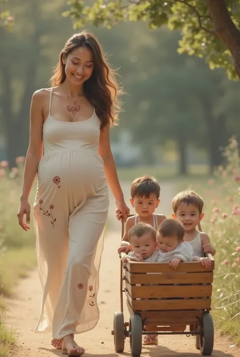 A wooden stroller with 3 boys inside and a pregnant woman pushed that stroller, Minimalist sinueta tattoo designs