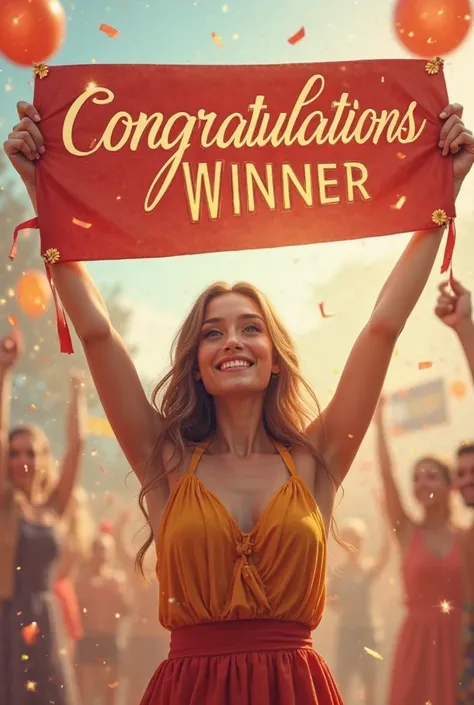 Create a banner lady with age of 26 with a winner in the and congratulations banner topper of L0 It should mention in banner