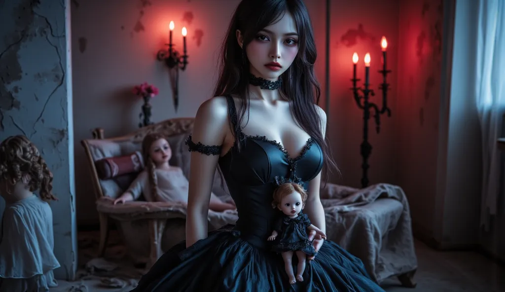 A hauntingly beautiful Russian woman with large breasts, jet-black hair, and a revealing black satin gown that clings to her fig...