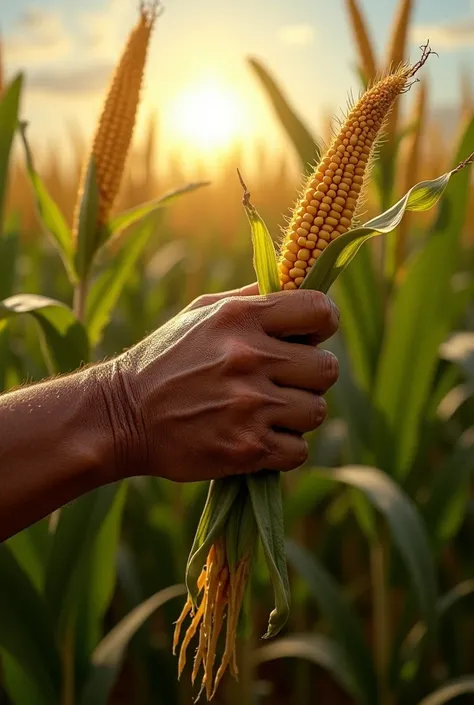 Create a realistic image of the black hand of a farmer from Northeastern Brazil harvesting corn