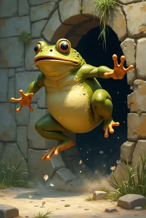 A toad jumping and hitting a wall