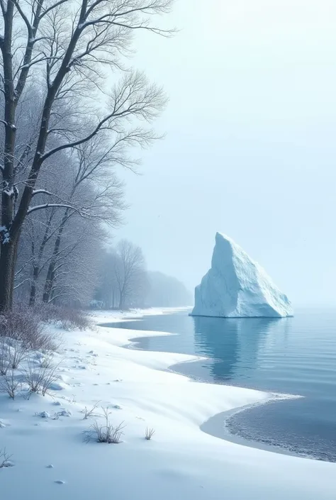 Add snow to the trees and the beach and an iceberg to the water