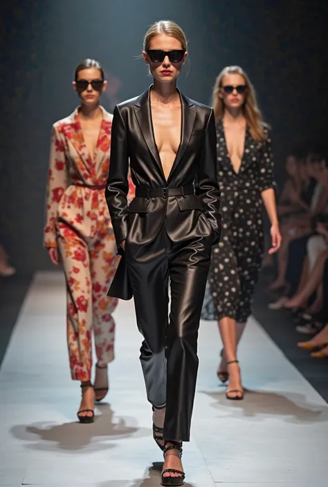 Create a runway with a blurred background and models walking on it, men's and women's models with modern and extravagant clothes...