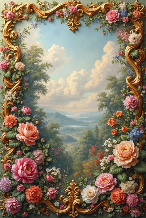 Make a mural with a landscape of only flowers, Rococo style,, framed with golden vines