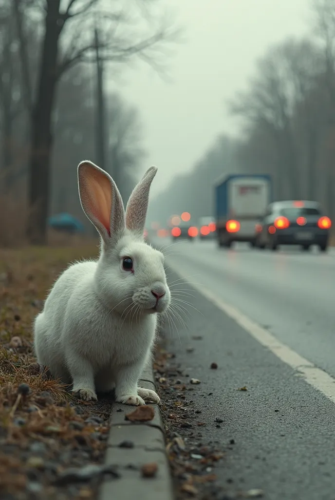 A sad white rabbit is walking alone along the roadside, while cars pass by behind it on the road.

