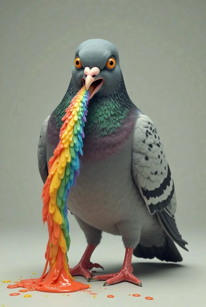 Pigeon with human feet vomiting rainbow colors