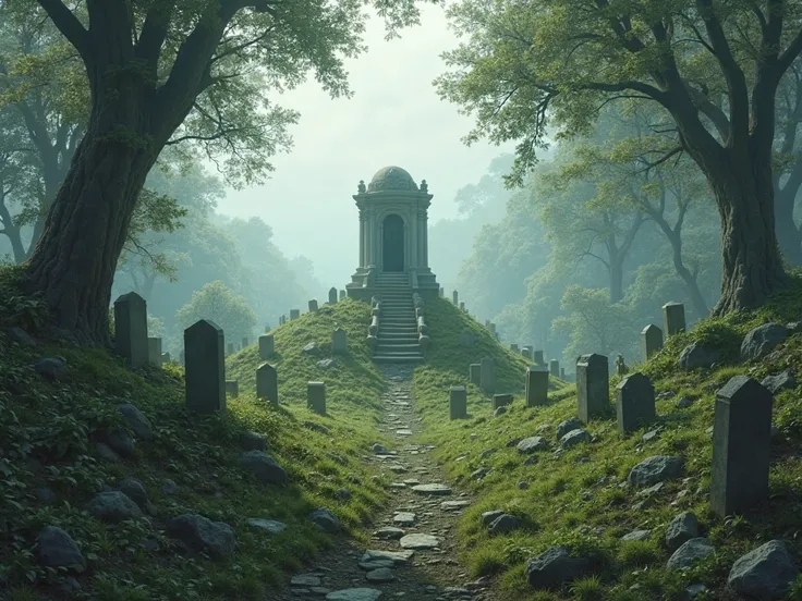 Graveyard, hill, burial mound, empty lot, no people, background only