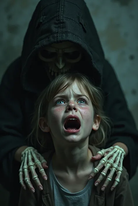 The girl’s face in absolute horror as the ghostly figure looms behind her, with its skeletal hand now resting on her shoulder. T...