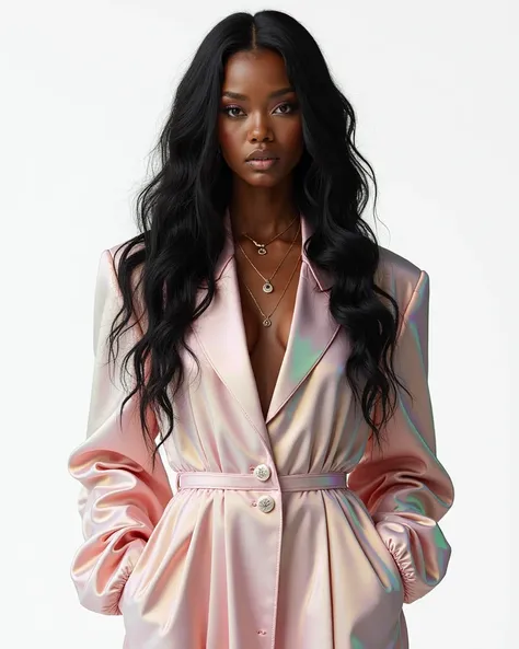 Black Woman, very long slightly wavy hair, editorial, fashion, editorial prismatic outfit, prismatic oversized outfit,
white st...