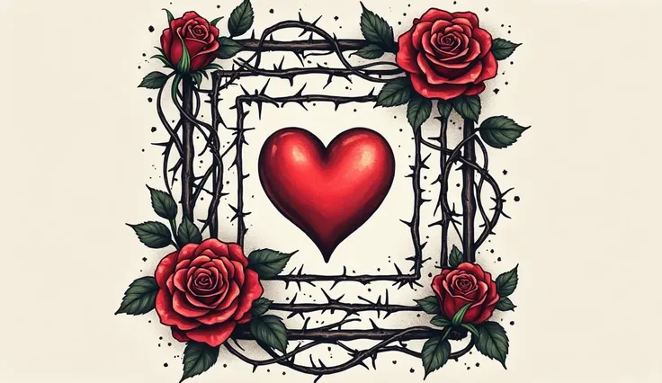 Create a tattoo of a square maze with walls of rose stalks and a heart in the middle of the maze